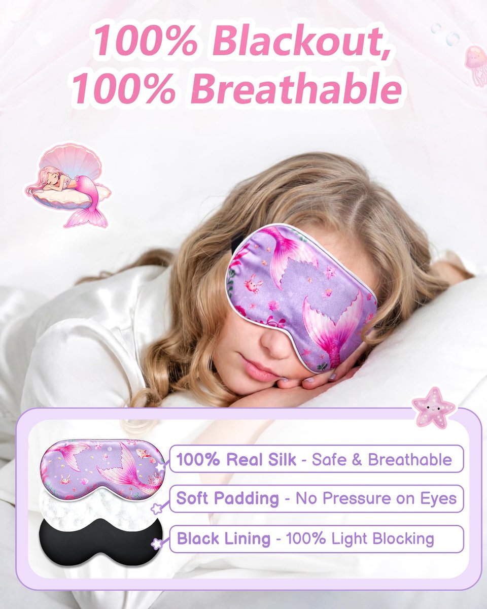 BeeVines Kinder 100% Echte Maulbeerseide Schlafmaske 2er-Pack, Original Design Reine Seide Schlafaugenmasken für Mädchen, Hautfreundliche Blackout Augenabdeckung, Verstellbares Band, Reduziert Schwellungen, Reisegeschenke