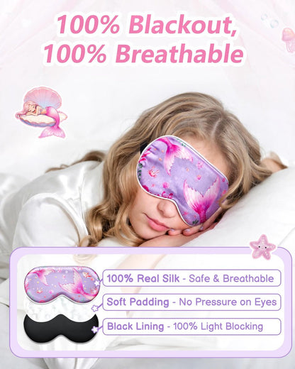 BeeVines Kinder 100% Echte Maulbeerseide Schlafmaske 2er-Pack, Original Design Reine Seide Schlafaugenmasken für Mädchen, Hautfreundliche Blackout Augenabdeckung, Verstellbares Band, Reduziert Schwellungen, Reisegeschenke