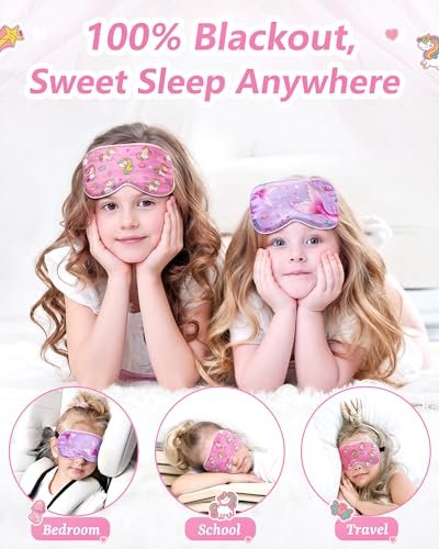 BeeVines Kinder 100% Echte Maulbeerseide Schlafmaske 2er-Pack, Original Design Reine Seide Schlafaugenmasken für Mädchen, Hautfreundliche Blackout Augenabdeckung, Verstellbares Band, Reduziert Schwellungen, Reisegeschenke