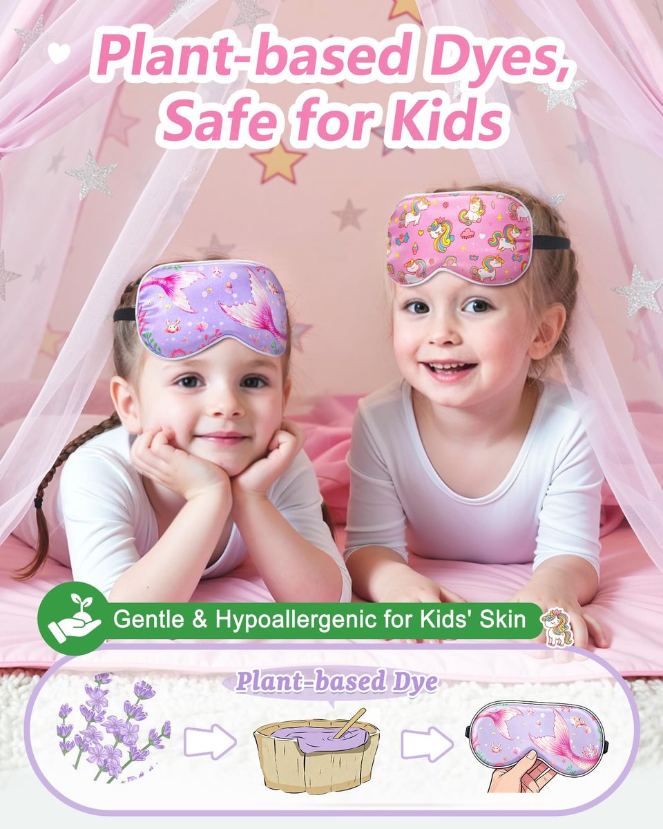 BeeVines Kinder 100% Echte Maulbeerseide Schlafmaske 2er-Pack, Original Design Reine Seide Schlafaugenmasken für Mädchen, Hautfreundliche Blackout Augenabdeckung, Verstellbares Band, Reduziert Schwellungen, Reisegeschenke