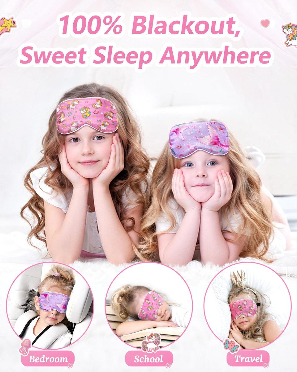 BeeVines Kinder 100% Echte Maulbeerseide Schlafmaske 2er-Pack, Original Design Reine Seide Schlafaugenmasken für Mädchen, Hautfreundliche Blackout Augenabdeckung, Verstellbares Band, Reduziert Schwellungen, Reisegeschenke