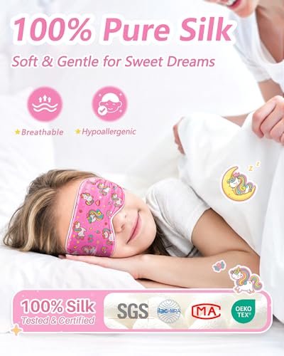 BeeVines Kinder 100% Echte Maulbeerseide Schlafmaske 2er-Pack, Original Design Reine Seide Schlafaugenmasken für Mädchen, Hautfreundliche Blackout Augenabdeckung, Verstellbares Band, Reduziert Schwellungen, Reisegeschenke