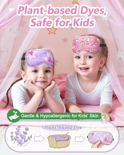 BeeVines Kinder 100% Echte Maulbeerseide Schlafmaske 2er-Pack, Original Design Reine Seide Schlafaugenmasken für Mädchen, Hautfreundliche Blackout Augenabdeckung, Verstellbares Band, Reduziert Schwellungen, Reisegeschenke