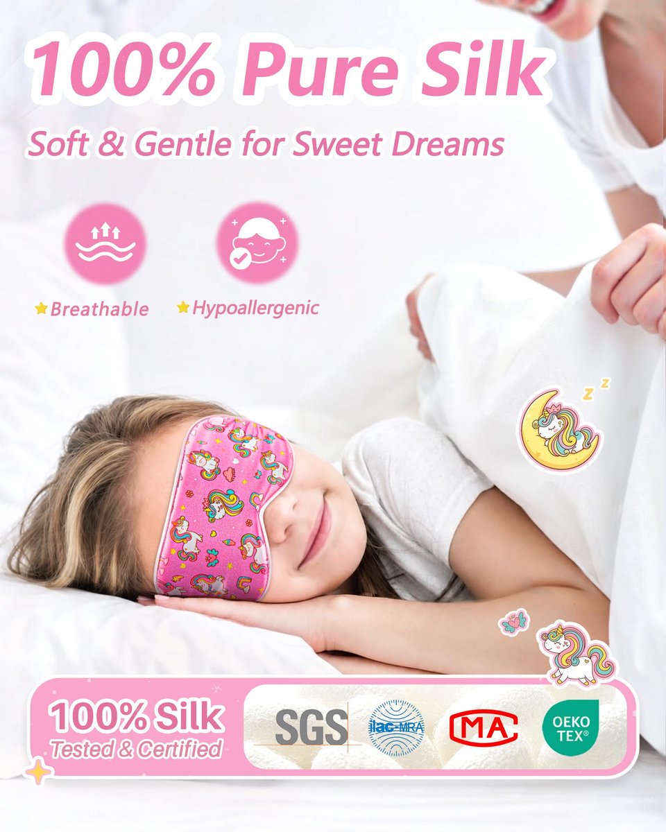BeeVines Kinder 100% Echte Maulbeerseide Schlafmaske 2er-Pack, Original Design Reine Seide Schlafaugenmasken für Mädchen, Hautfreundliche Blackout Augenabdeckung, Verstellbares Band, Reduziert Schwellungen, Reisegeschenke