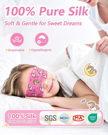 BeeVines Kinder 100% Echte Maulbeerseide Schlafmaske 2er-Pack, Original Design Reine Seide Schlafaugenmasken für Mädchen, Hautfreundliche Blackout Augenabdeckung, Verstellbares Band, Reduziert Schwellungen, Reisegeschenke