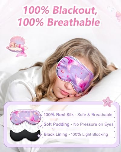 BeeVines Kinder 100% Echte Maulbeerseide Schlafmaske 2er-Pack, Original Design Reine Seide Schlafaugenmasken für Mädchen, Hautfreundliche Blackout Augenabdeckung, Verstellbares Band, Reduziert Schwellungen, Reisegeschenke