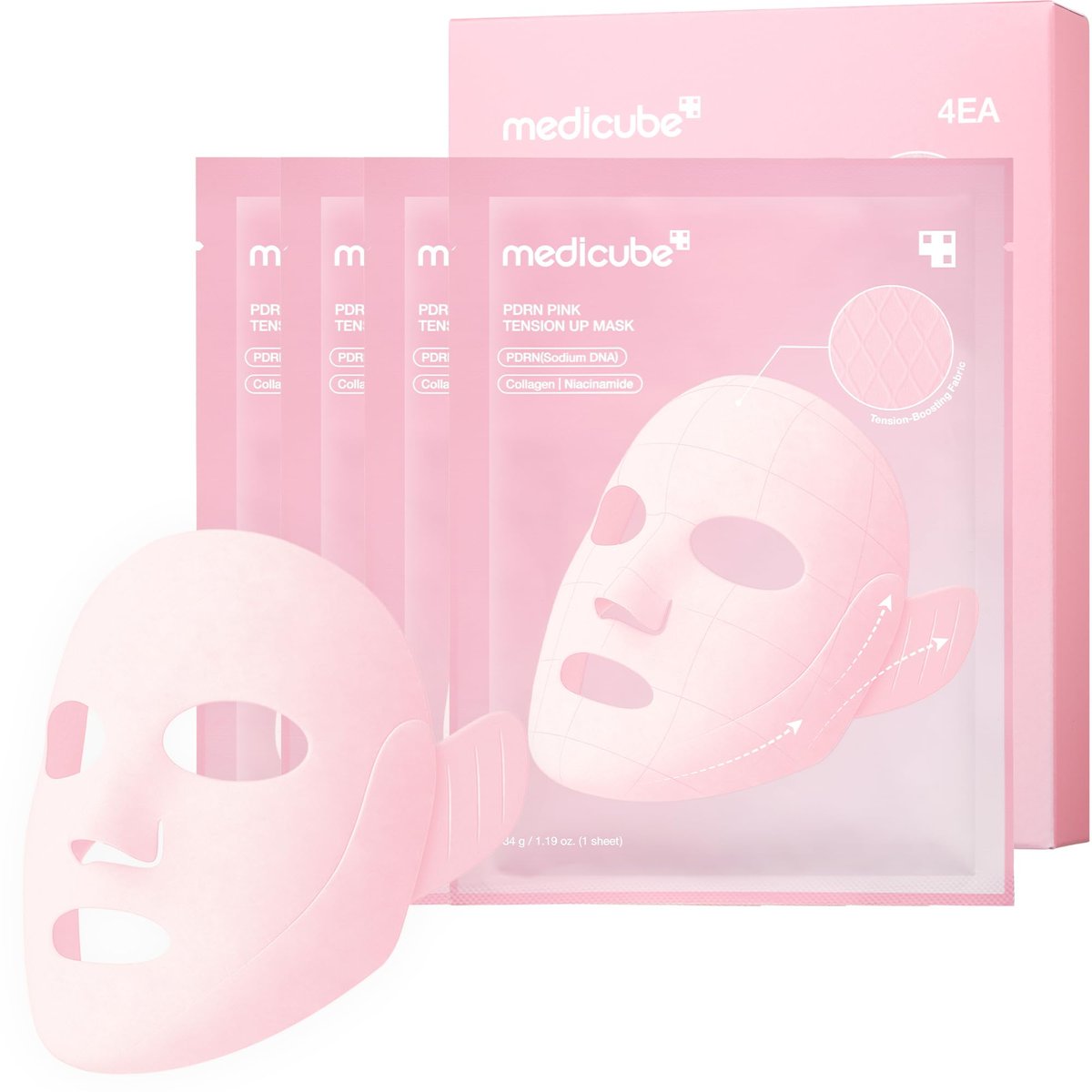 medicube PDRN Pink Tension Up Mask | 3-Schritte V-Linien-Maske für konturiertes Kinn und Kieferpartie | Straffende Gesichtsbehandlung mit Lachs-PDRN, NAD & Koffein | Koreanische Hautpflege, 34g x 4 Stück + Spannband