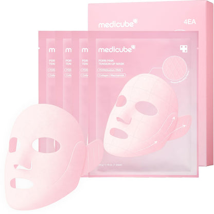 medicube PDRN Pink Tension Up Mask | 3-Schritte V-Linien-Maske für konturiertes Kinn und Kieferpartie | Straffende Gesichtsbehandlung mit Lachs-PDRN, NAD & Koffein | Koreanische Hautpflege, 34g x 4 Stück + Spannband