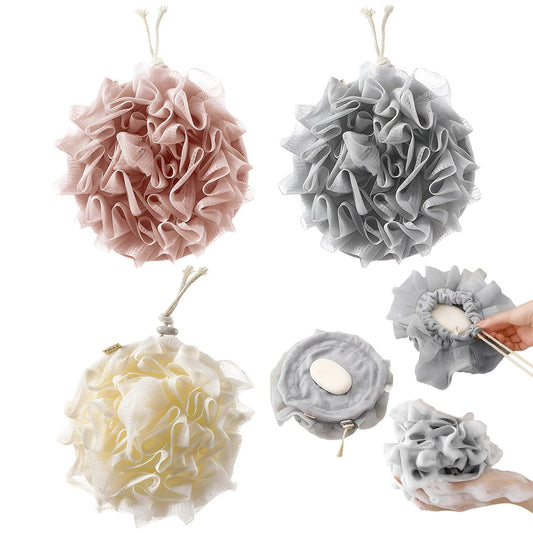 3er Set Seifenbeutel aus Luffa mit Kordelzug, 2-in-1 Duschball für Peeling und sanfte Haut (Beige+Grau+Pink)