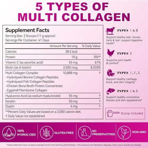 AEBEFBAW Multi-Kollagen-Peptid-Pulver | Typen I, II, III, V, X | 16 oz (41 Portionen) Hydrolysierte Kollagenpeptide | Unterstützt gesunde Haut, Gelenke, Haare und Nägel | Ungesüßt und löst sich leicht auf