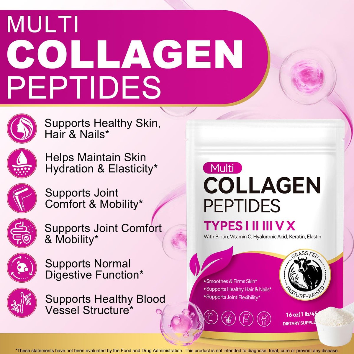 AEBEFBAW Multi-Kollagen-Peptid-Pulver | Typen I, II, III, V, X | 16 oz (41 Portionen) Hydrolysierte Kollagenpeptide | Unterstützt gesunde Haut, Gelenke, Haare und Nägel | Ungesüßt und löst sich leicht auf
