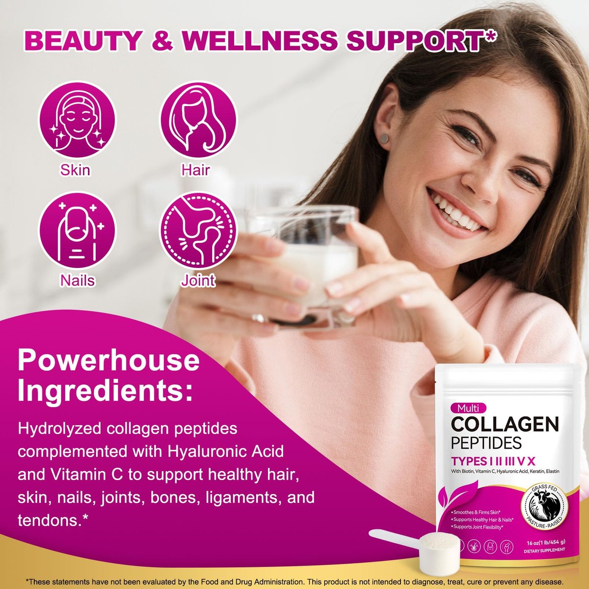 AEBEFBAW Multi-Kollagen-Peptid-Pulver | Typen I, II, III, V, X | 16 oz (41 Portionen) Hydrolysierte Kollagenpeptide | Unterstützt gesunde Haut, Gelenke, Haare und Nägel | Ungesüßt und löst sich leicht auf