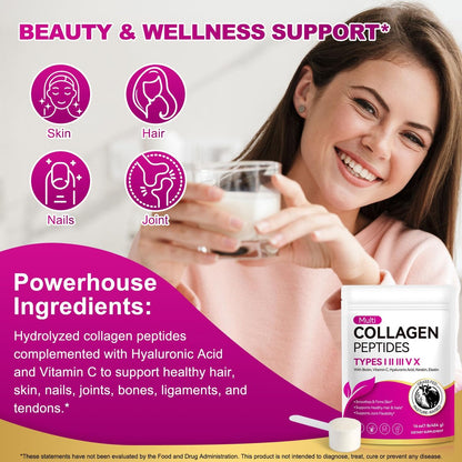 AEBEFBAW Multi-Kollagen-Peptid-Pulver | Typen I, II, III, V, X | 16 oz (41 Portionen) Hydrolysierte Kollagenpeptide | Unterstützt gesunde Haut, Gelenke, Haare und Nägel | Ungesüßt und löst sich leicht auf