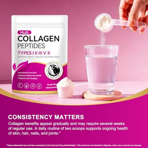 AEBEFBAW Multi-Kollagen-Peptid-Pulver | Typen I, II, III, V, X | 16 oz (41 Portionen) Hydrolysierte Kollagenpeptide | Unterstützt gesunde Haut, Gelenke, Haare und Nägel | Ungesüßt und löst sich leicht auf