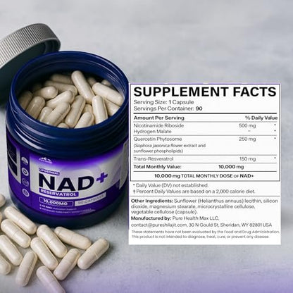 PURE HEALTH MAX PHM NAD Resveratrol Supplement – NAD+ Liposomale Kapseln für Männer und Frauen | NMN & NMNH Alternative | 90 Kapseln, 1,5 Monate Vorrat