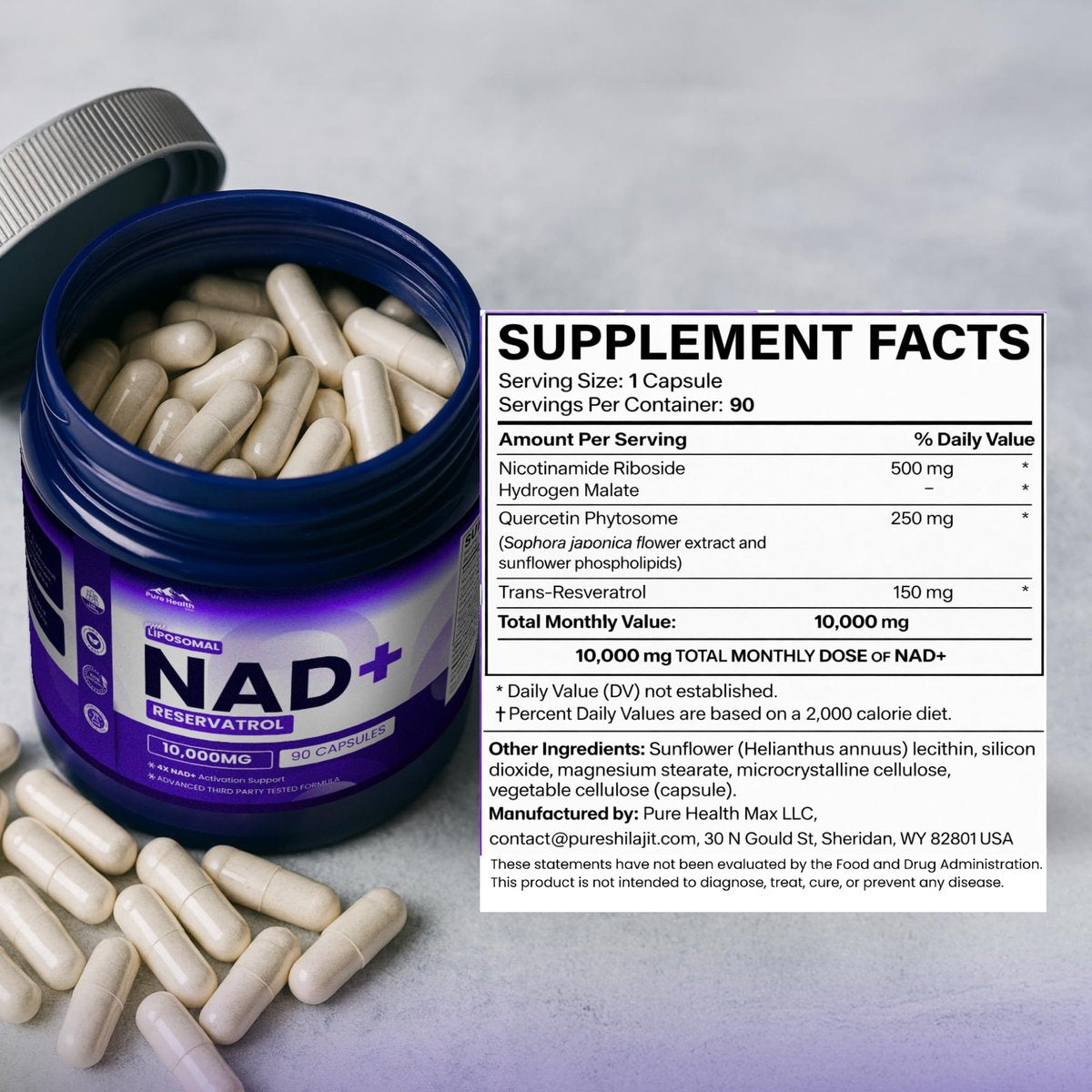 PURE HEALTH MAX PHM NAD Resveratrol Supplement – NAD+ Liposomale Kapseln für Männer und Frauen | NMN & NMNH Alternative | 90 Kapseln, 1,5 Monate Vorrat