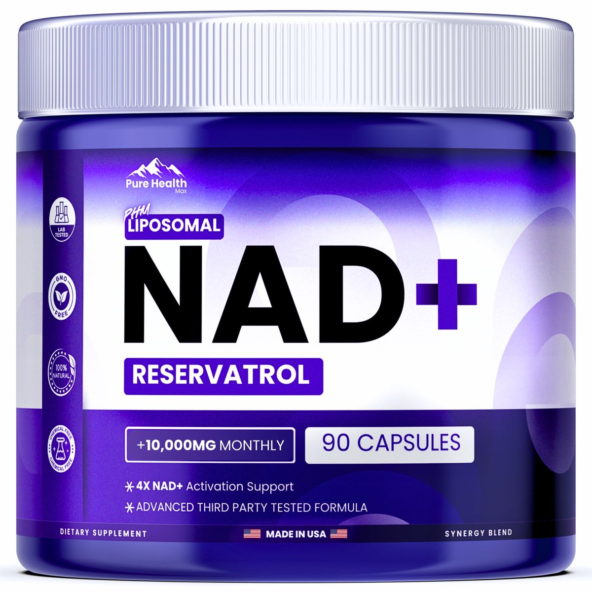 PURE HEALTH MAX PHM NAD Resveratrol Supplement – NAD+ Liposomale Kapseln für Männer und Frauen | NMN & NMNH Alternative | 90 Kapseln, 1,5 Monate Vorrat