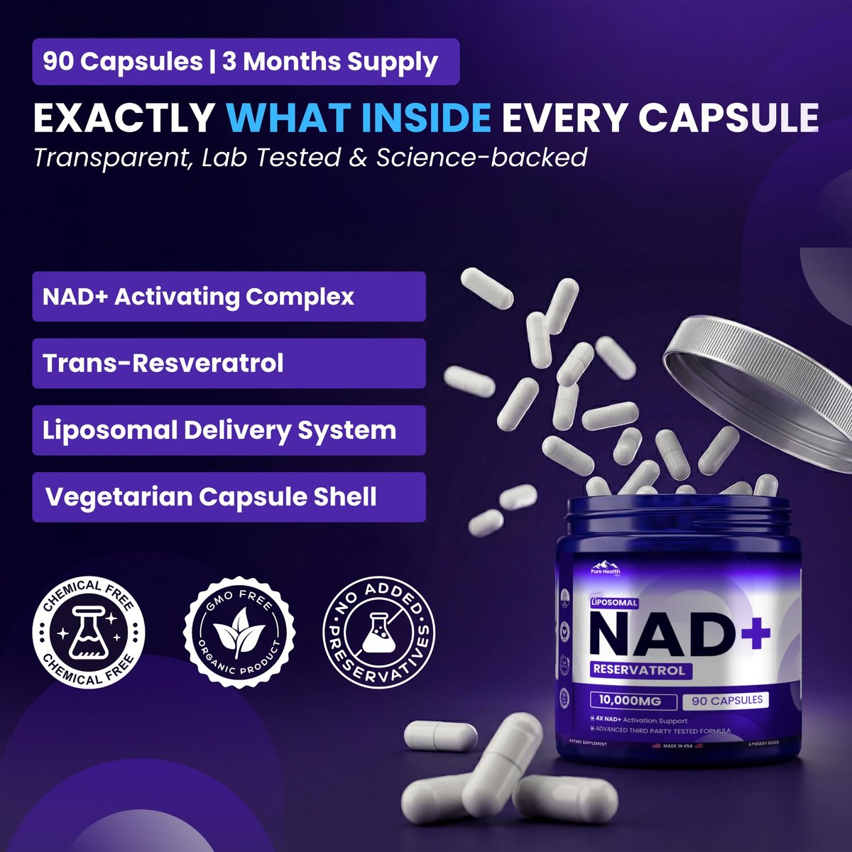 PURE HEALTH MAX PHM NAD Resveratrol Supplement – NAD+ Liposomale Kapseln für Männer und Frauen | NMN & NMNH Alternative | 90 Kapseln, 1,5 Monate Vorrat