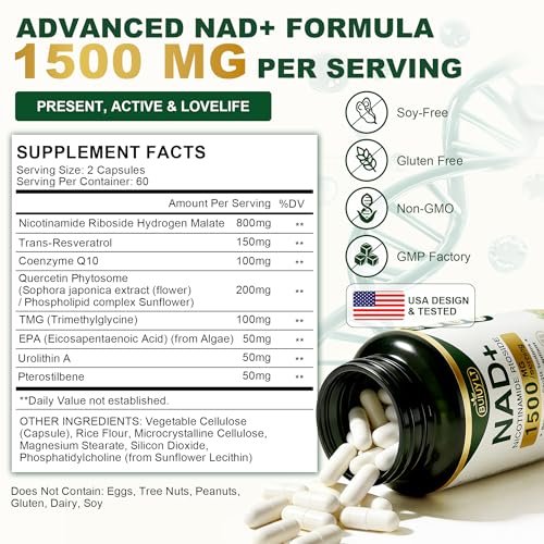 BUIUYLT NAD+ Supplement 1500mg - Nicotinamid-Ribosid mit Resveratrol, Urolithin A, CoQ10 & Quercetin - NAD Plus für zelluläre Energie, gesundes Altern & Ausdauer für Frauen & Männer - 120 Kapseln