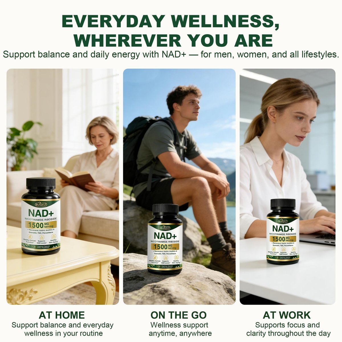 BUIUYLT NAD+ Supplement 1500mg - Nicotinamid-Ribosid mit Resveratrol, Urolithin A, CoQ10 & Quercetin - NAD Plus für zelluläre Energie, gesundes Altern & Ausdauer für Frauen & Männer - 120 Kapseln