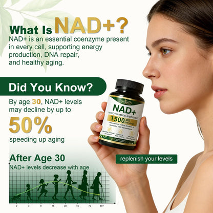BUIUYLT NAD+ Supplement 1500mg - Nicotinamid-Ribosid mit Resveratrol, Urolithin A, CoQ10 & Quercetin - NAD Plus für zelluläre Energie, gesundes Altern & Ausdauer für Frauen & Männer - 120 Kapseln