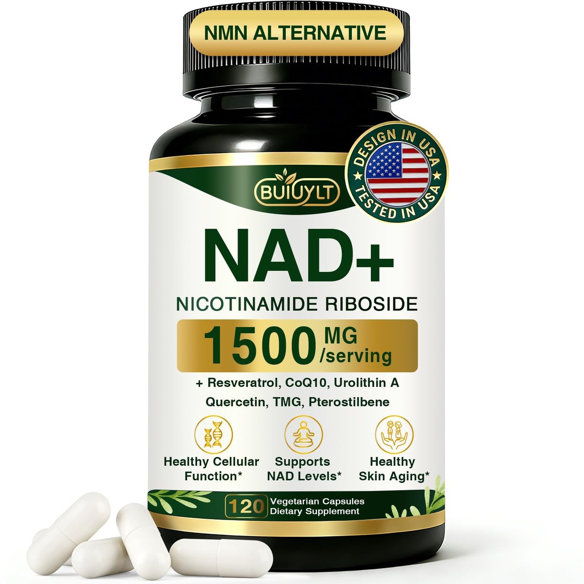 BUIUYLT NAD+ Supplement 1500mg - Nicotinamid-Ribosid mit Resveratrol, Urolithin A, CoQ10 & Quercetin - NAD Plus für zelluläre Energie, gesundes Altern & Ausdauer für Frauen & Männer - 120 Kapseln