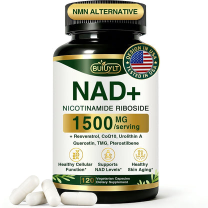 BUIUYLT NAD+ Supplement 1500mg - Nicotinamid-Ribosid mit Resveratrol, Urolithin A, CoQ10 & Quercetin - NAD Plus für zelluläre Energie, gesundes Altern & Ausdauer für Frauen & Männer - 120 Kapseln