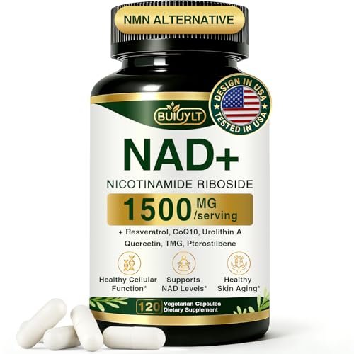 BUIUYLT NAD+ Supplement 1500mg - Nicotinamid-Ribosid mit Resveratrol, Urolithin A, CoQ10 & Quercetin - NAD Plus für zelluläre Energie, gesundes Altern & Ausdauer für Frauen & Männer - 120 Kapseln