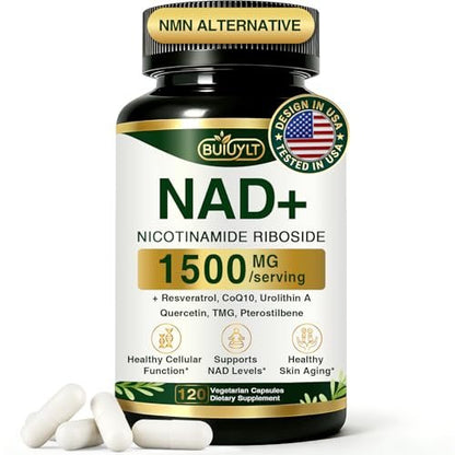 BUIUYLT NAD+ Supplement 1500mg - Nicotinamid-Ribosid mit Resveratrol, Urolithin A, CoQ10 & Quercetin - NAD Plus für zelluläre Energie, gesundes Altern & Ausdauer für Frauen & Männer - 120 Kapseln
