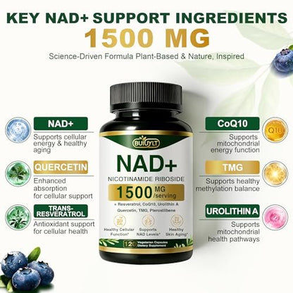 BUIUYLT NAD+ Supplement 1500mg - Nicotinamid-Ribosid mit Resveratrol, Urolithin A, CoQ10 & Quercetin - NAD Plus für zelluläre Energie, gesundes Altern & Ausdauer für Frauen & Männer - 120 Kapseln