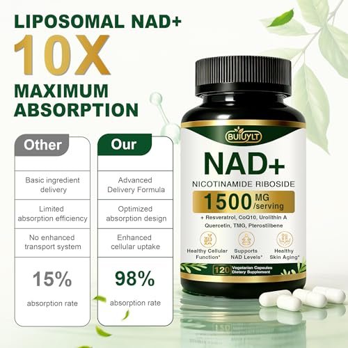 BUIUYLT NAD+ Supplement 1500mg - Nicotinamid-Ribosid mit Resveratrol, Urolithin A, CoQ10 & Quercetin - NAD Plus für zelluläre Energie, gesundes Altern & Ausdauer für Frauen & Männer - 120 Kapseln