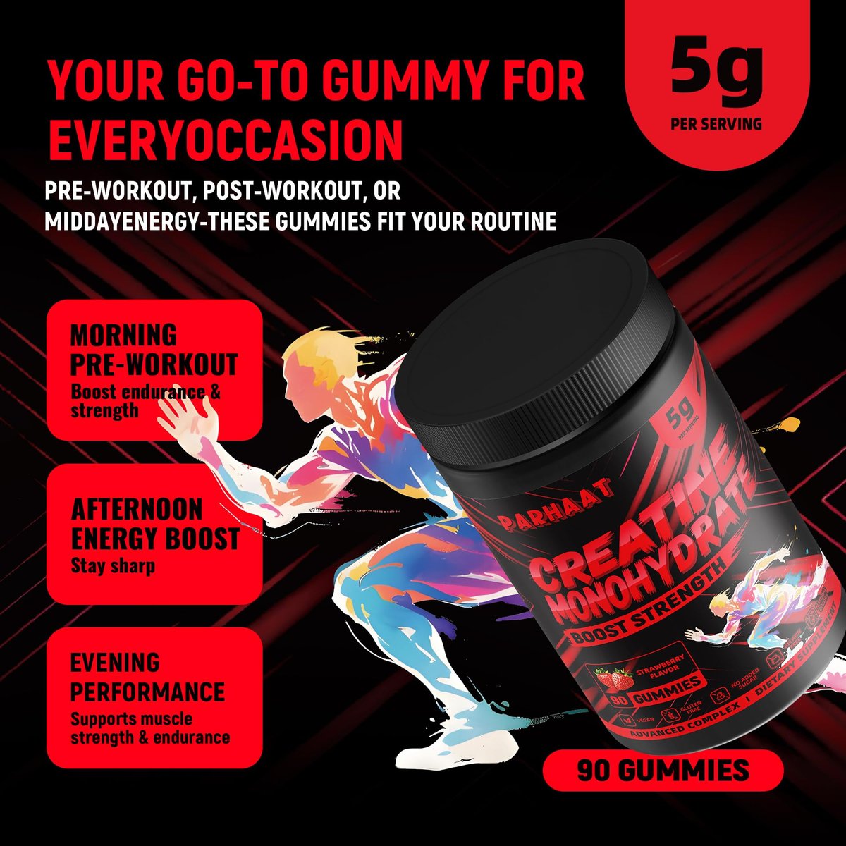 NSF-zertifizierte Creatine-Gummis – Creatin-Monohydrat-Gummis 5g für Männer & Frauen – Steigert Fokus, Kraft und Ausdauer, vegan, glutenfrei, nicht genetisch verändert, 2,5 g Creatin pro Gummi (Erdbeere 90 Stück)