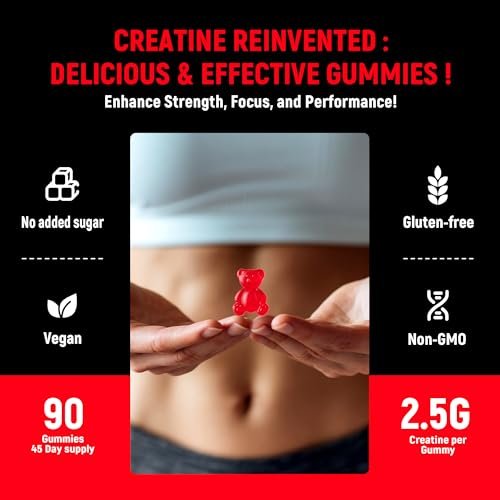 NSF-zertifizierte Creatine-Gummis – Creatin-Monohydrat-Gummis 5g für Männer & Frauen – Steigert Fokus, Kraft und Ausdauer, vegan, glutenfrei, nicht genetisch verändert, 2,5 g Creatin pro Gummi (Erdbeere 90 Stück)