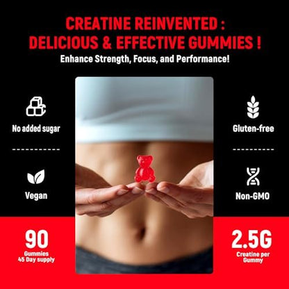 NSF-zertifizierte Creatine-Gummis – Creatin-Monohydrat-Gummis 5g für Männer & Frauen – Steigert Fokus, Kraft und Ausdauer, vegan, glutenfrei, nicht genetisch verändert, 2,5 g Creatin pro Gummi (Erdbeere 90 Stück)