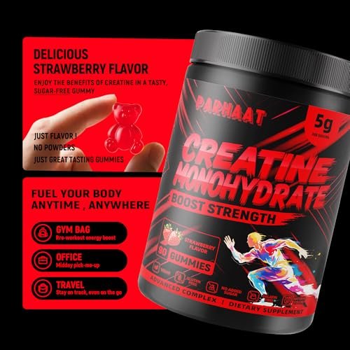 NSF-zertifizierte Creatine-Gummis – Creatin-Monohydrat-Gummis 5g für Männer & Frauen – Steigert Fokus, Kraft und Ausdauer, vegan, glutenfrei, nicht genetisch verändert, 2,5 g Creatin pro Gummi (Erdbeere 90 Stück)