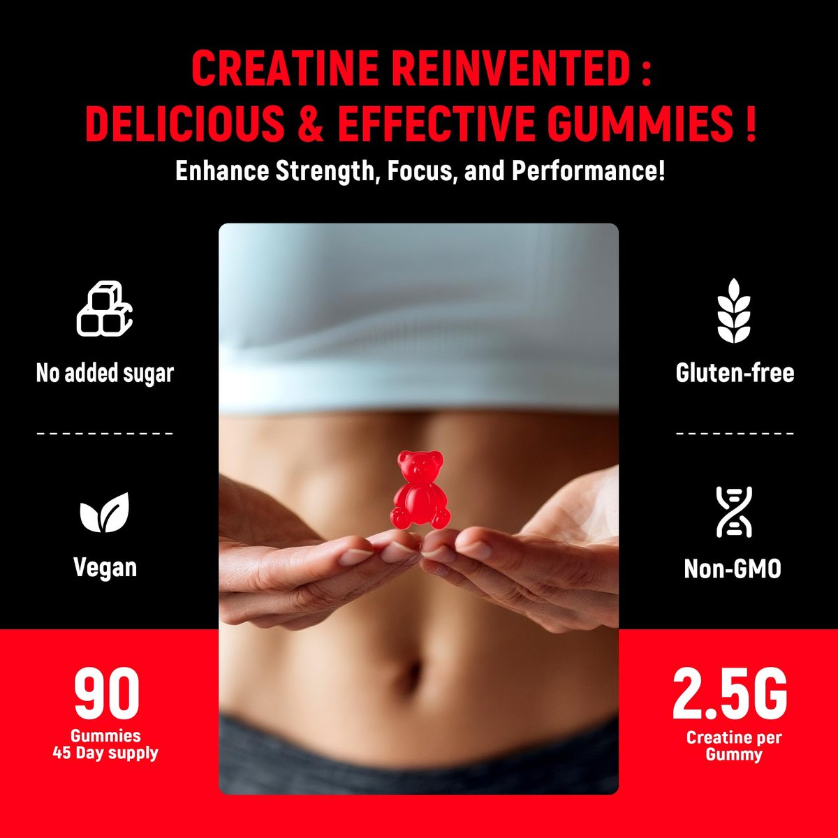 NSF-zertifizierte Creatine-Gummis – Creatin-Monohydrat-Gummis 5g für Männer & Frauen – Steigert Fokus, Kraft und Ausdauer, vegan, glutenfrei, nicht genetisch verändert, 2,5 g Creatin pro Gummi (Erdbeere 90 Stück)