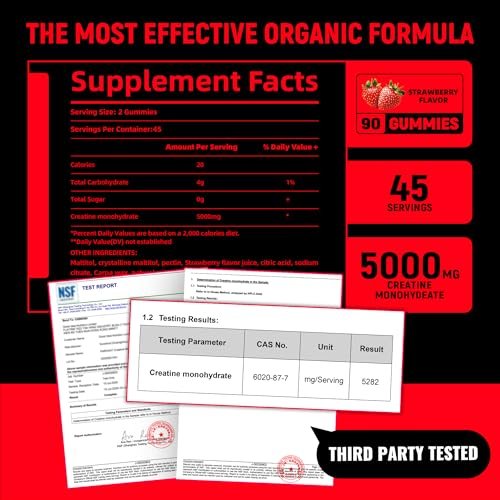 NSF-zertifizierte Creatine-Gummis – Creatin-Monohydrat-Gummis 5g für Männer & Frauen – Steigert Fokus, Kraft und Ausdauer, vegan, glutenfrei, nicht genetisch verändert, 2,5 g Creatin pro Gummi (Erdbeere 90 Stück)