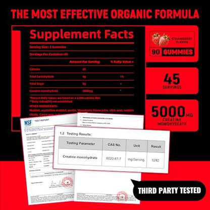 NSF-zertifizierte Creatine-Gummis – Creatin-Monohydrat-Gummis 5g für Männer & Frauen – Steigert Fokus, Kraft und Ausdauer, vegan, glutenfrei, nicht genetisch verändert, 2,5 g Creatin pro Gummi (Erdbeere 90 Stück)