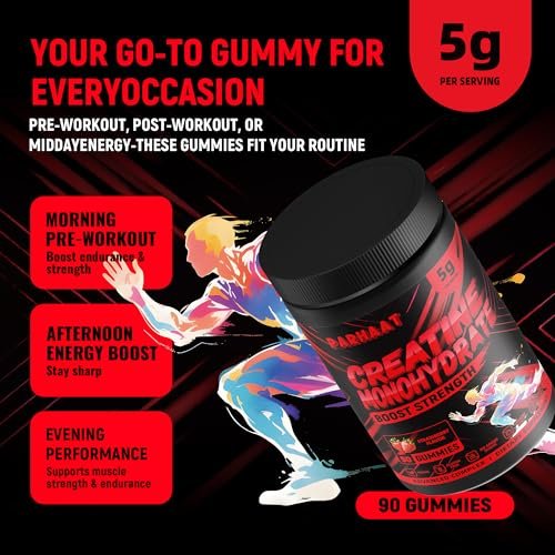 NSF-zertifizierte Creatine-Gummis – Creatin-Monohydrat-Gummis 5g für Männer & Frauen – Steigert Fokus, Kraft und Ausdauer, vegan, glutenfrei, nicht genetisch verändert, 2,5 g Creatin pro Gummi (Erdbeere 90 Stück)