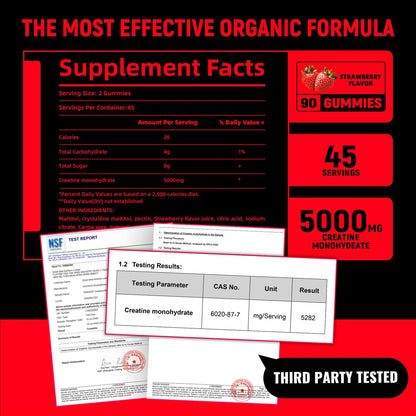 NSF-zertifizierte Creatine-Gummis – Creatin-Monohydrat-Gummis 5g für Männer & Frauen – Steigert Fokus, Kraft und Ausdauer, vegan, glutenfrei, nicht genetisch verändert, 2,5 g Creatin pro Gummi (Erdbeere 90 Stück)