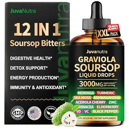 JuvaNutra Soursop Bitters Liquid Drops 4 Fl Oz – 12-in-1 Kräutertonic mit Seemoos, Moringa, Kurkuma, Echinacea & Ashwagandha zur Unterstützung der Verdauung und des Immunsystems