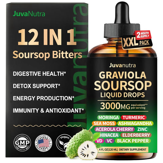 JuvaNutra Soursop Bitters Liquid Drops 4 Fl Oz – 12-in-1 Kräutertonic mit Seemoos, Moringa, Kurkuma, Echinacea & Ashwagandha zur Unterstützung der Verdauung und des Immunsystems