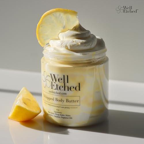 Lemon Meringue Körperbutter | Handgefertigte, nicht fettende, geschlagene Shea- & Mangobutter | Schnell einziehende natürliche Feuchtigkeitscreme für rissige Hände, trockene Haut, Dehnungsstreifen, Ekzeme, nach der Sonne, pflegende Hautpflege
