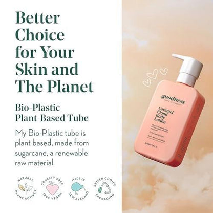 GOODNESS Caramel Body Lotion für trockene Haut – Leichte, schnell einziehende Feuchtigkeitscreme mit Sheabutter & Hyaluronsäure – Nicht fettende Hydratation mit Antioxidantien