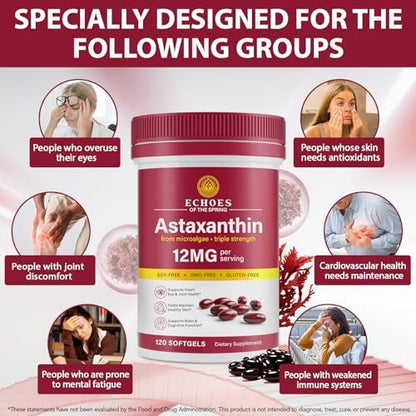 Astaxanthin 12 mg – Natürliches Astaxanthin aus Haematococcus Pluvialis, dreifach starkes Antioxidans für Augen, Haut, Gelenke und Immunsystem (120 Kapseln)