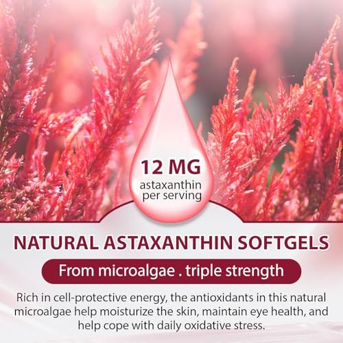 Astaxanthin 12 mg – Natürliches Astaxanthin aus Haematococcus Pluvialis, dreifach starkes Antioxidans für Augen, Haut, Gelenke und Immunsystem (120 Kapseln)
