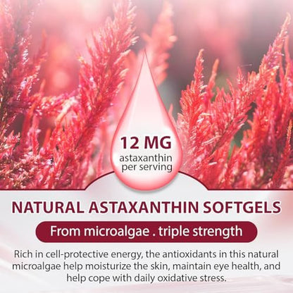 Astaxanthin 12 mg – Natürliches Astaxanthin aus Haematococcus Pluvialis, dreifach starkes Antioxidans für Augen, Haut, Gelenke und Immunsystem (120 Kapseln)