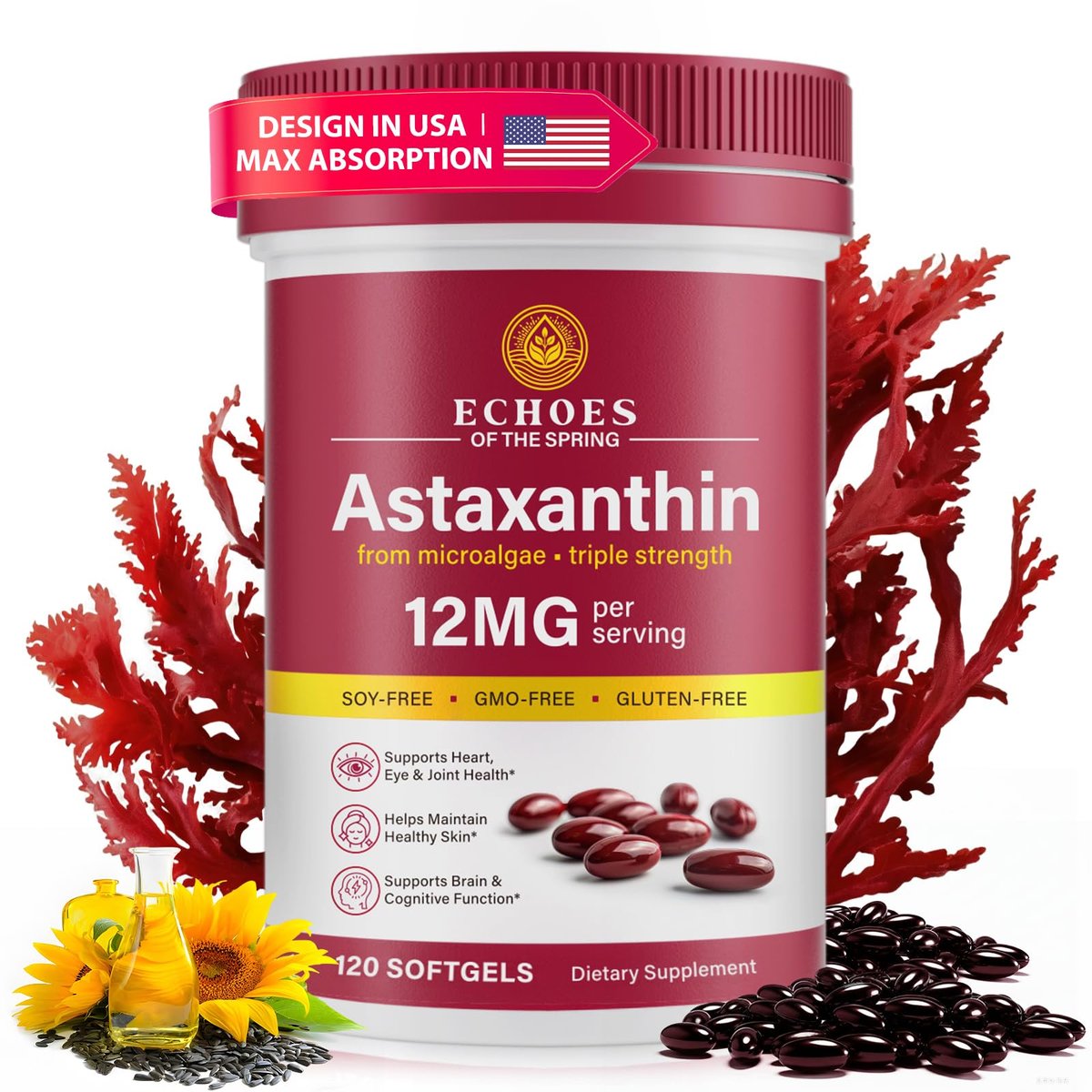 Astaxanthin 12 mg – Natürliches Astaxanthin aus Haematococcus Pluvialis, dreifach starkes Antioxidans für Augen, Haut, Gelenke und Immunsystem (120 Kapseln)