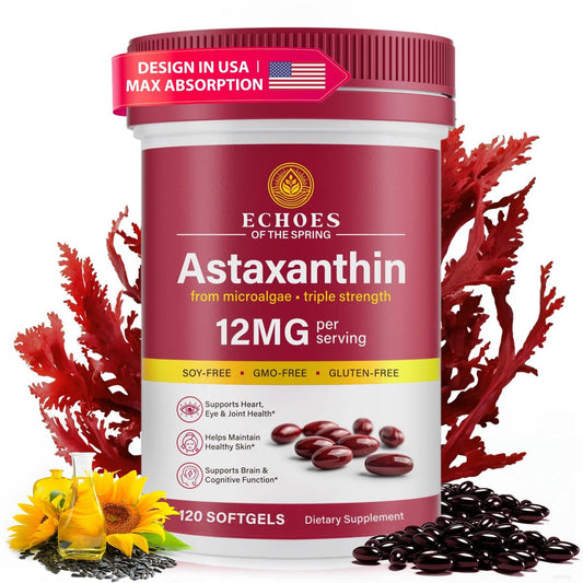 Astaxanthin 12 mg – Natürliches Astaxanthin aus Haematococcus Pluvialis, dreifach starkes Antioxidans für Augen, Haut, Gelenke und Immunsystem (120 Kapseln)