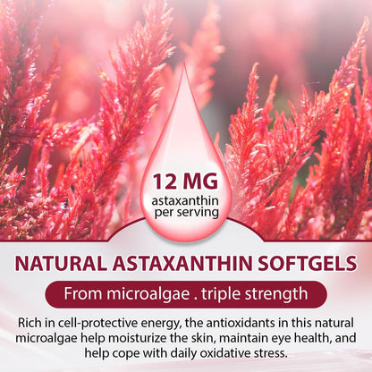 Astaxanthin 12 mg – Natürliches Astaxanthin aus Haematococcus Pluvialis, dreifach starkes Antioxidans für Augen, Haut, Gelenke und Immunsystem (120 Kapseln)